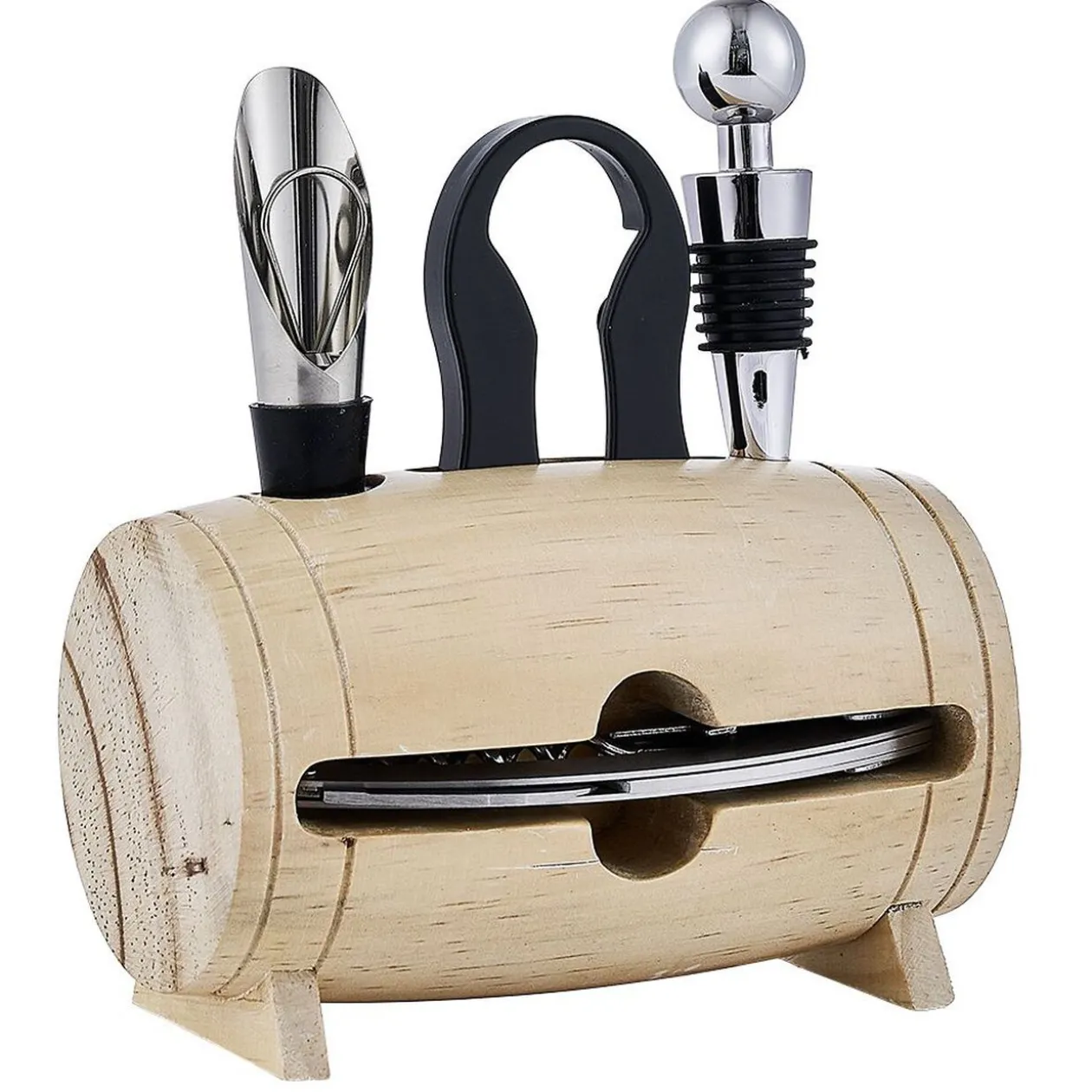 Set 4 accessoires à vin dans tonneau en bois