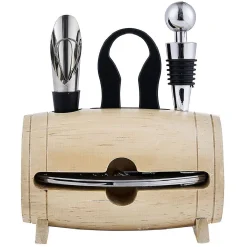 Set 4 accessoires à vin dans tonneau en bois