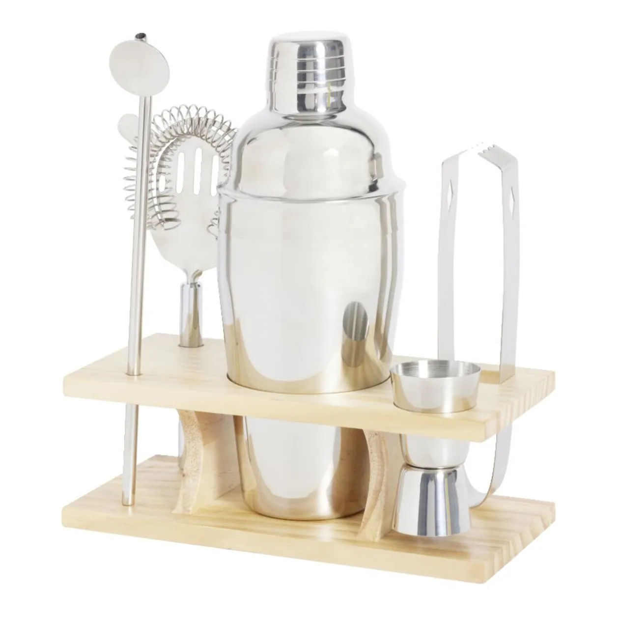 Set à cocktail acier avec support bois 6 pièces