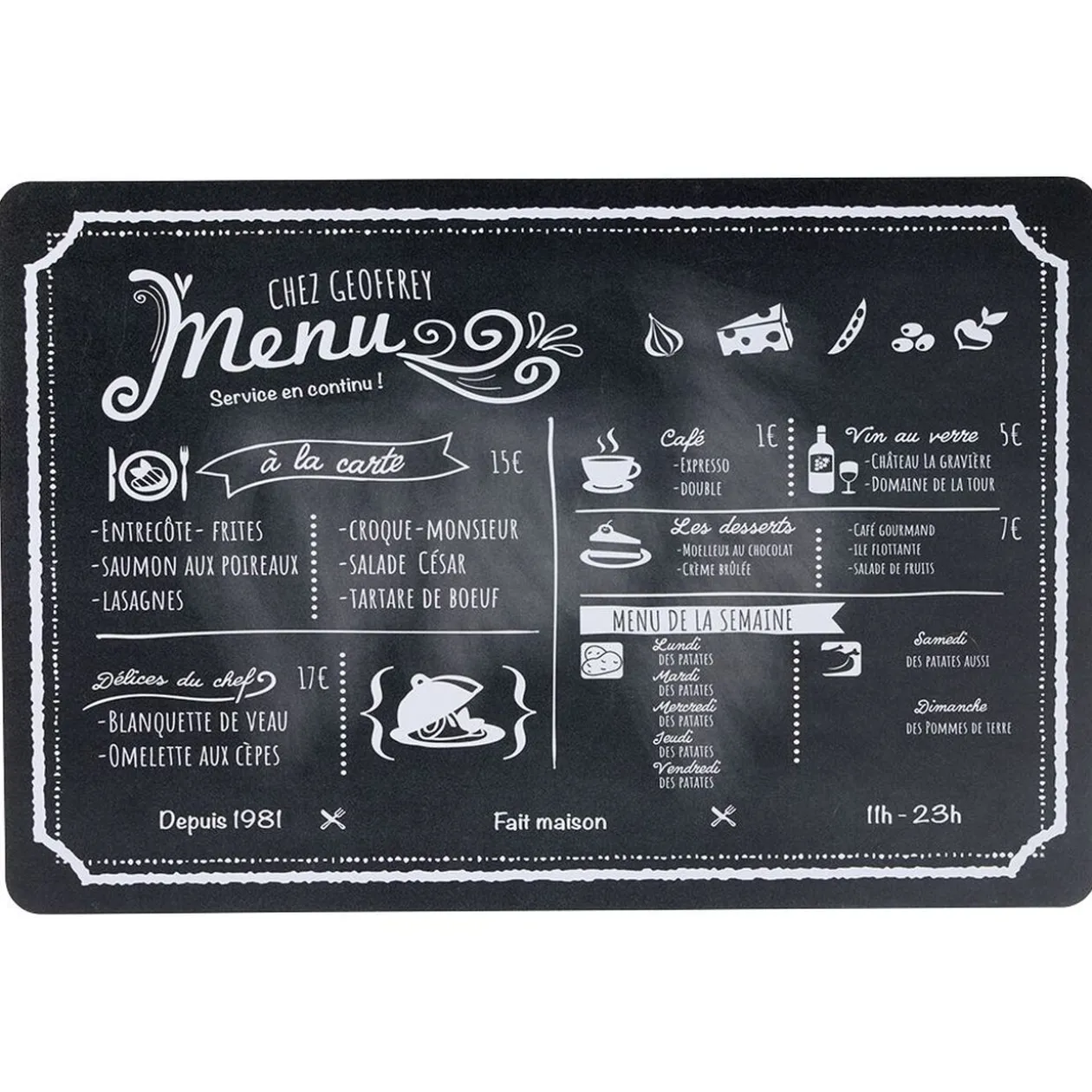 Set de table décor Menu noir et blanc 45x30 cm