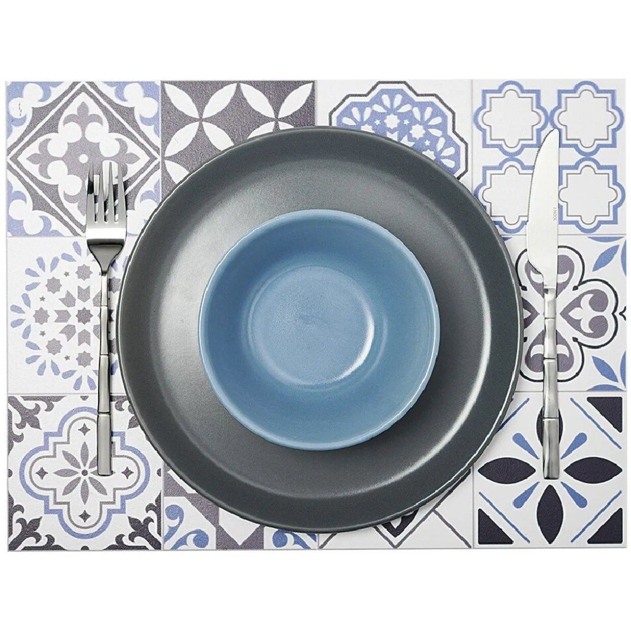 Set de table en vinyle motif carreaux de ciment bleu gris