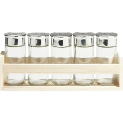 Support à épices en bois avec pot en verre x5