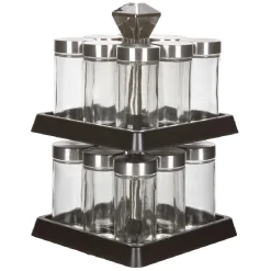 Support à épices noir 16 bocaux en verre et inox 2 étages