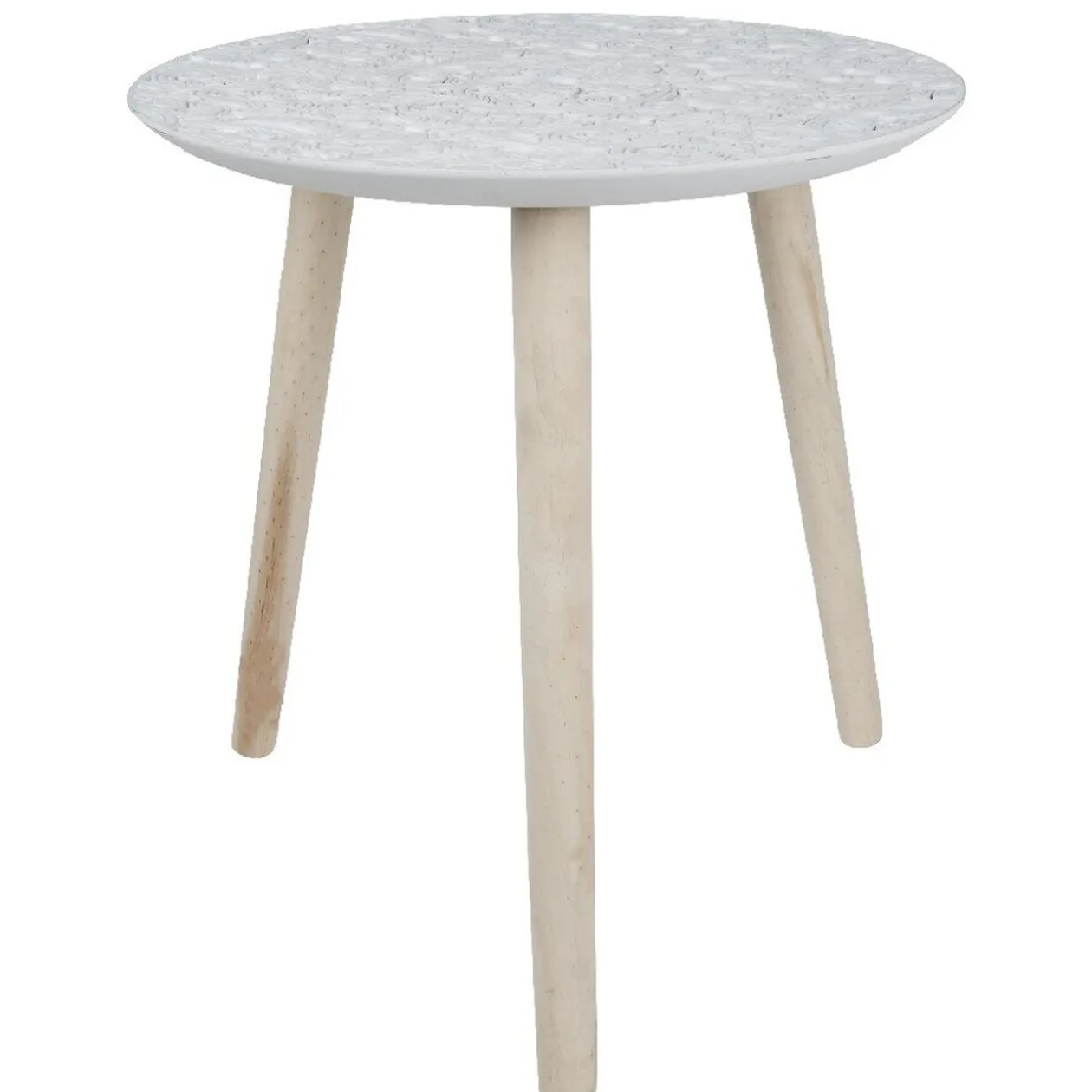 Table basse ronde scandinave plateau sculpté mandala ø 40 cm