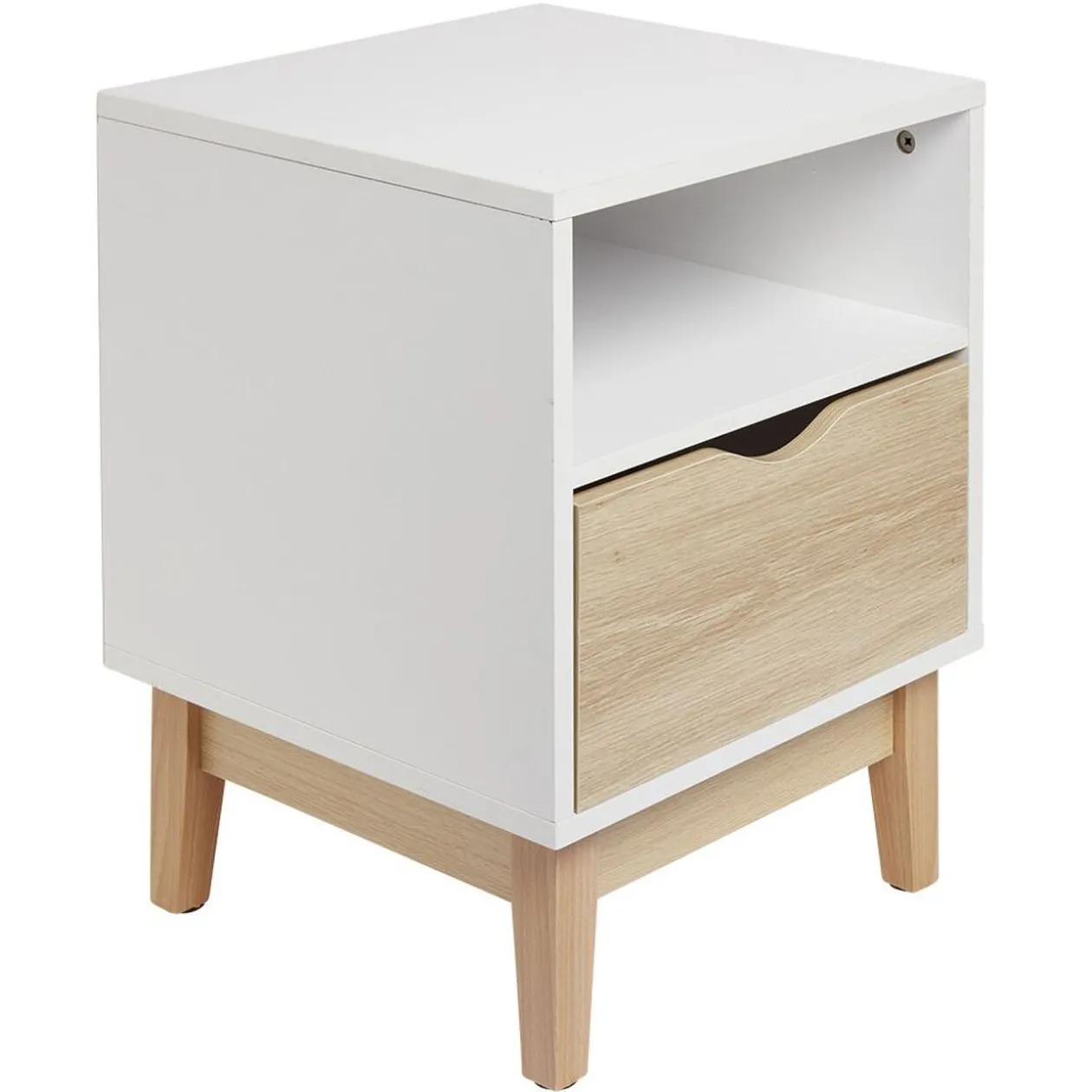 Table de chevet Lida 1 tiroir 1 niche pieds en pin blanc et naturel