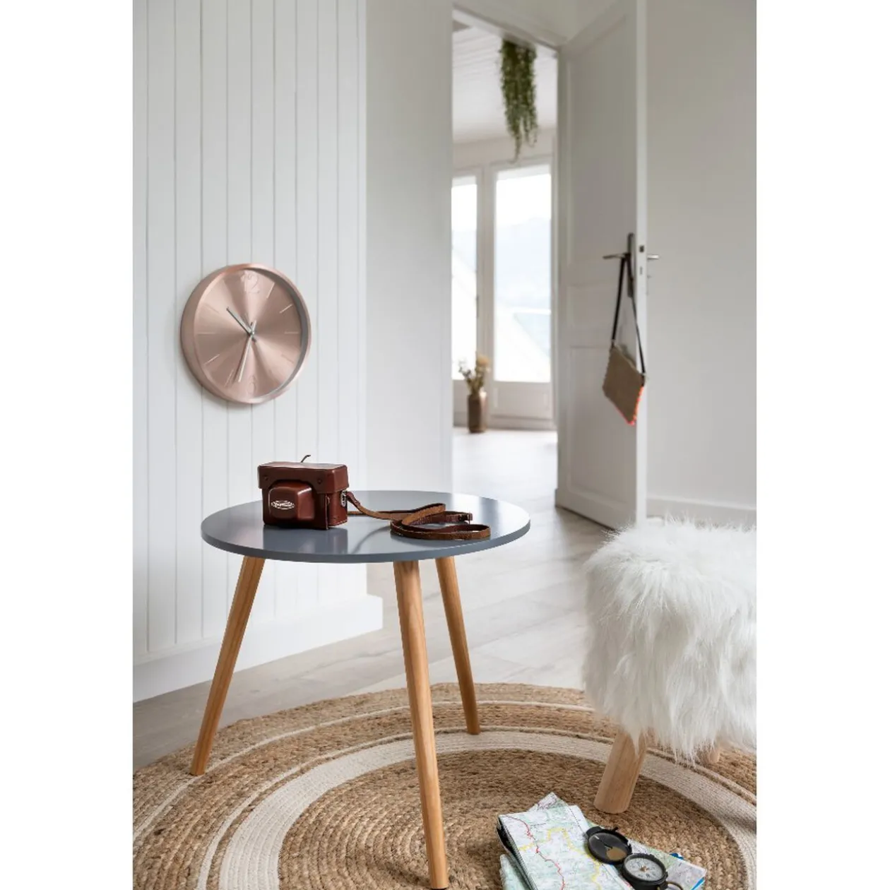 Tabouret pouf Enora Blanc pieds naturel Ø30 x H.38 cm