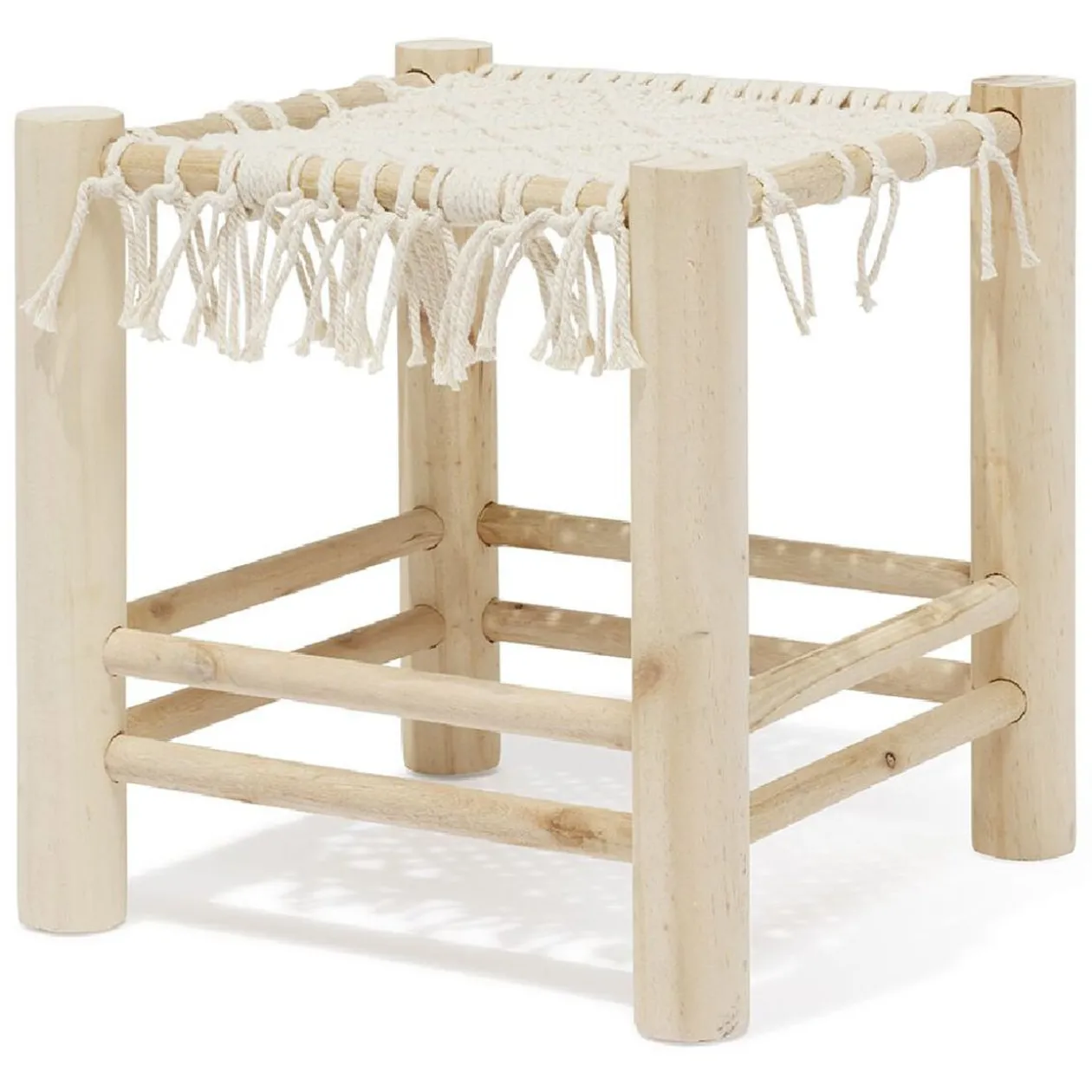 Tabouret Zélie bois et coton effet macramé - L35xP35xH35 cm
