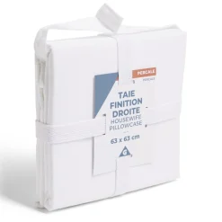 Taie d'oreiller 63x63cm 100% coton percale finition droite blanc