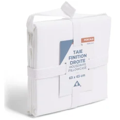 Taie d'oreiller 63x63cm 100% coton percale finition droite blanc