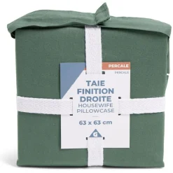 Taie d'oreiller 63x63cm 100% coton percale finition droite vert