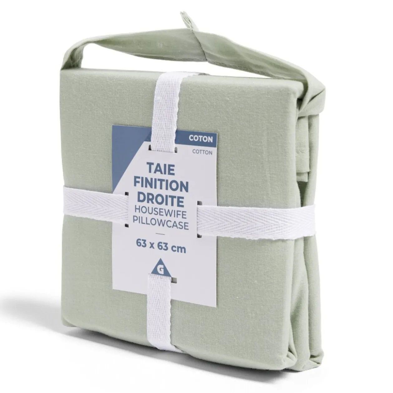 Taie d'oreiller 63x63cm 100% coton finition droite vert céladon