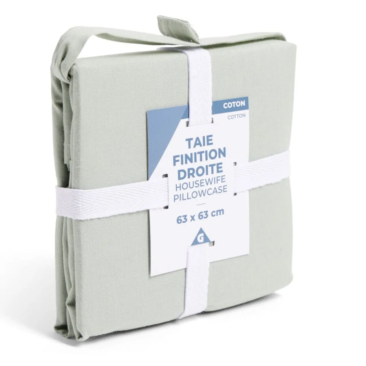 Taie d'oreiller 63x63cm 100% coton finition droite vert céladon