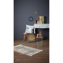 Tapis à franges motifs palmiers gris et doré