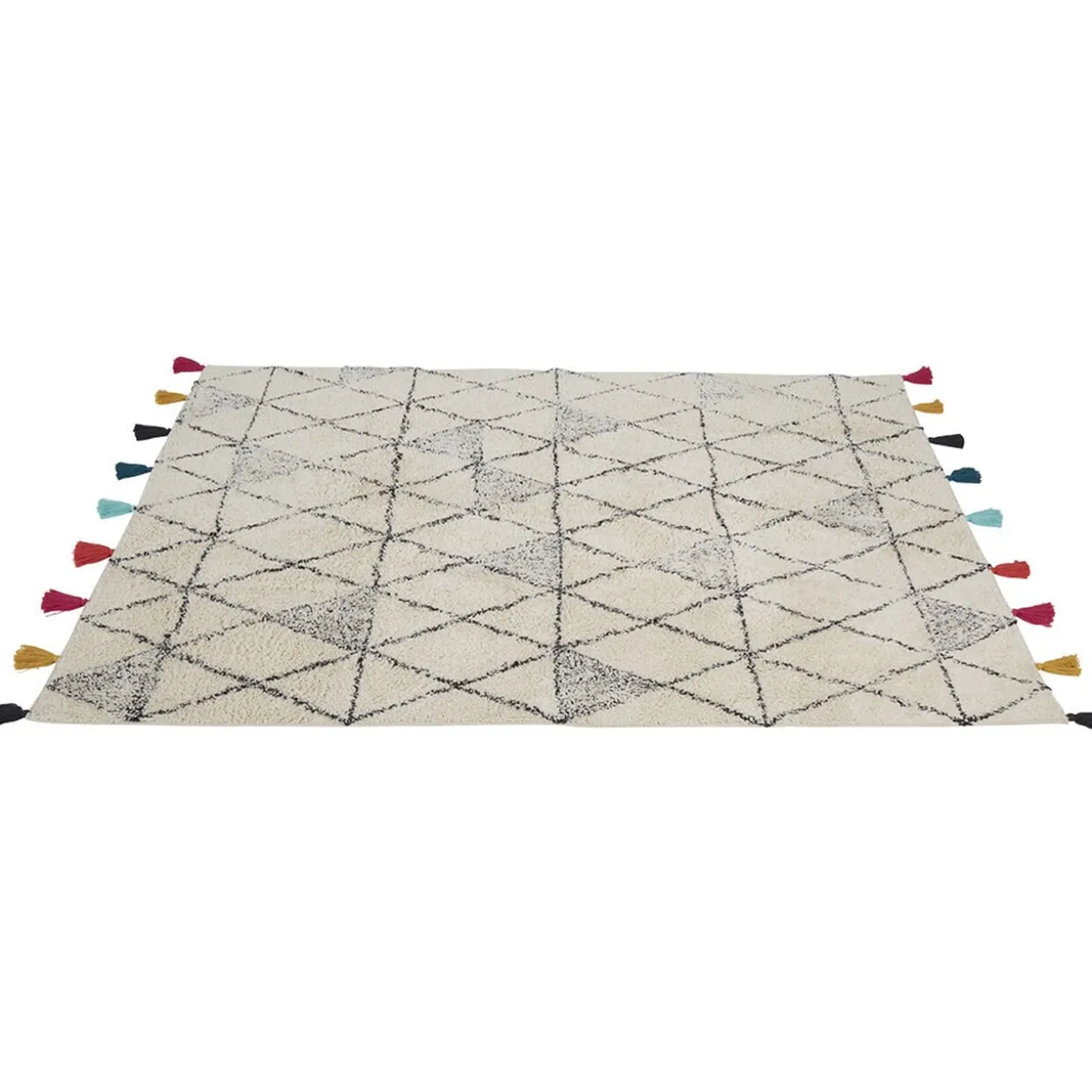 Tapis à pompons multicolores motif losange noir