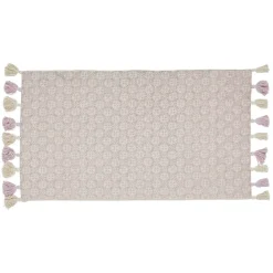 Tapis imprimé et pompons rose et beige