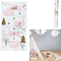 Tapis imprimé marelle licorne rose blanc doré 70x140cm