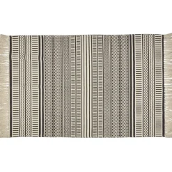 Tapis rectangulaire à franges imprimé ethnique beige et noir