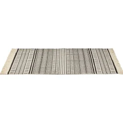 Tapis rectangulaire à franges imprimé ethnique beige et noir