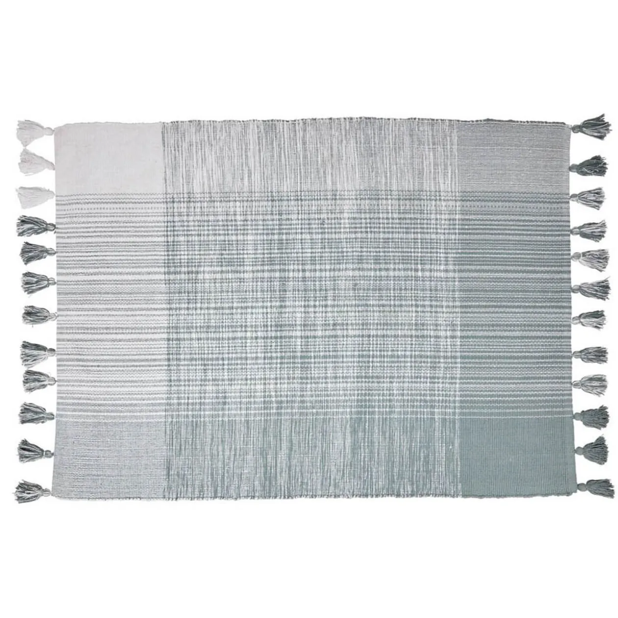 Tapis rectangulaire bicolore gris et blanc avec pompons