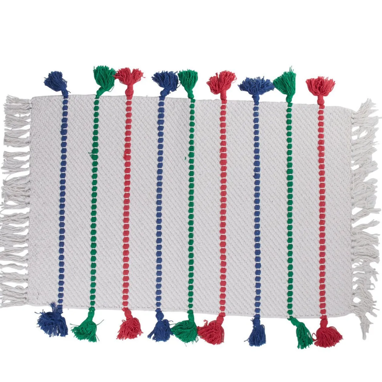 Tapis rectangulaire Caraïbes blanc à pompons bleu rose vert