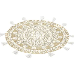 Tapis rond à franges jute naturel motif rosace blanc