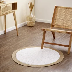Tapis rond Ø90cm coton et polyester beige avec bord jute naturel