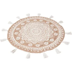 Tapis rond naturel motif ethnique pompons blancs