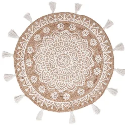 Tapis rond naturel motif ethnique pompons blancs