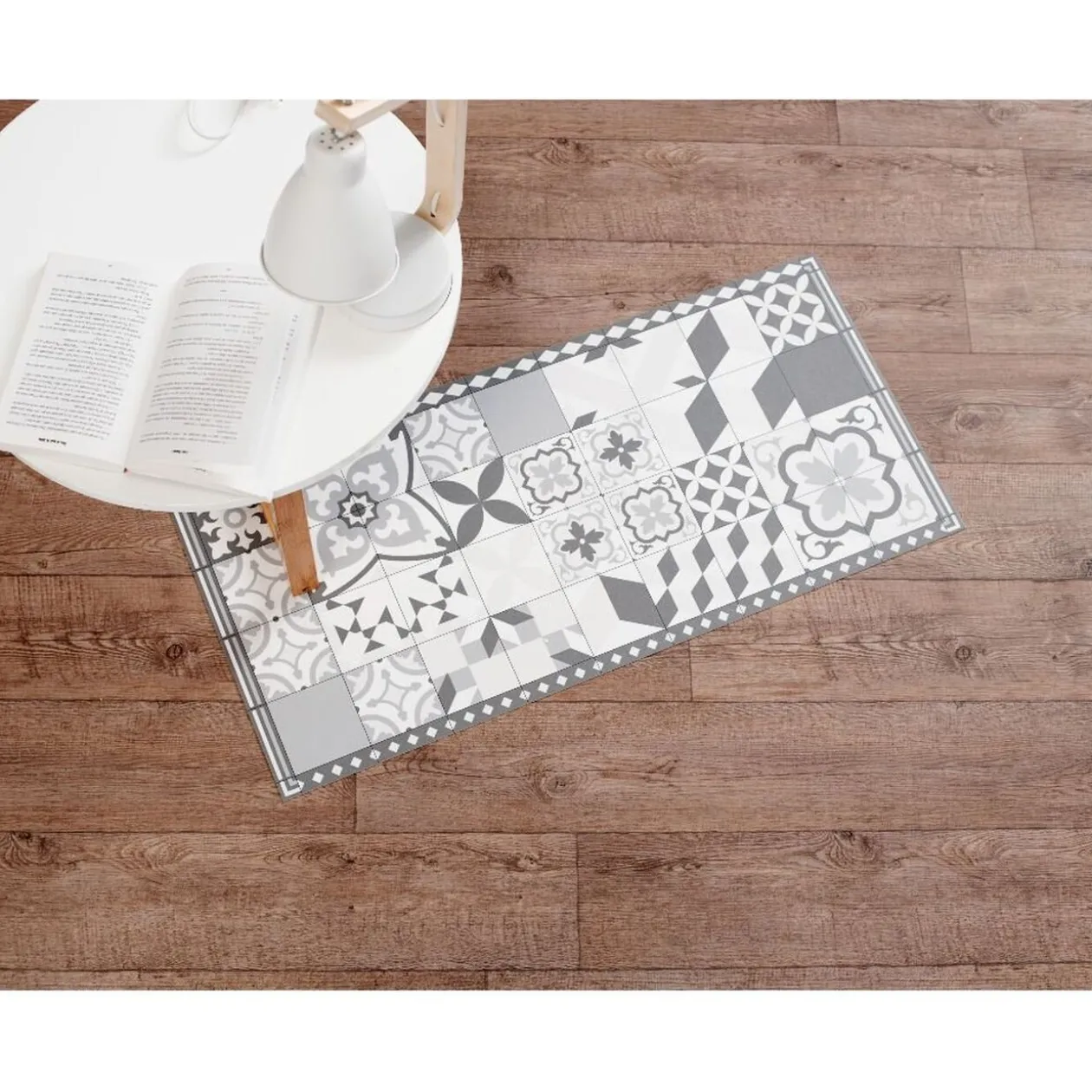 Tapis vinyle motif carreau de ciment gris et blanc 45x95cm