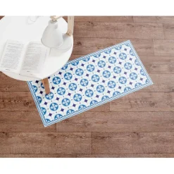 Tapis vinyle motif carreau de ciment bleu et blanc 45x95cm