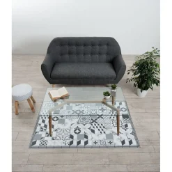 Tapis vinyle motif carreau de ciment gris et blanc 97x147cm