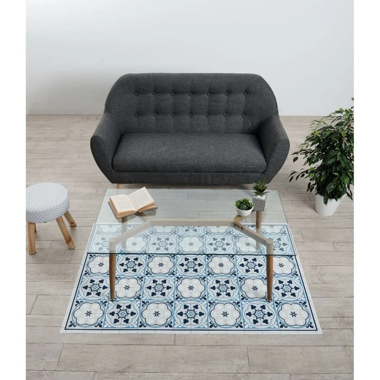 Tapis vinyle motif carreau de ciment bleu et blanc 97x147cm