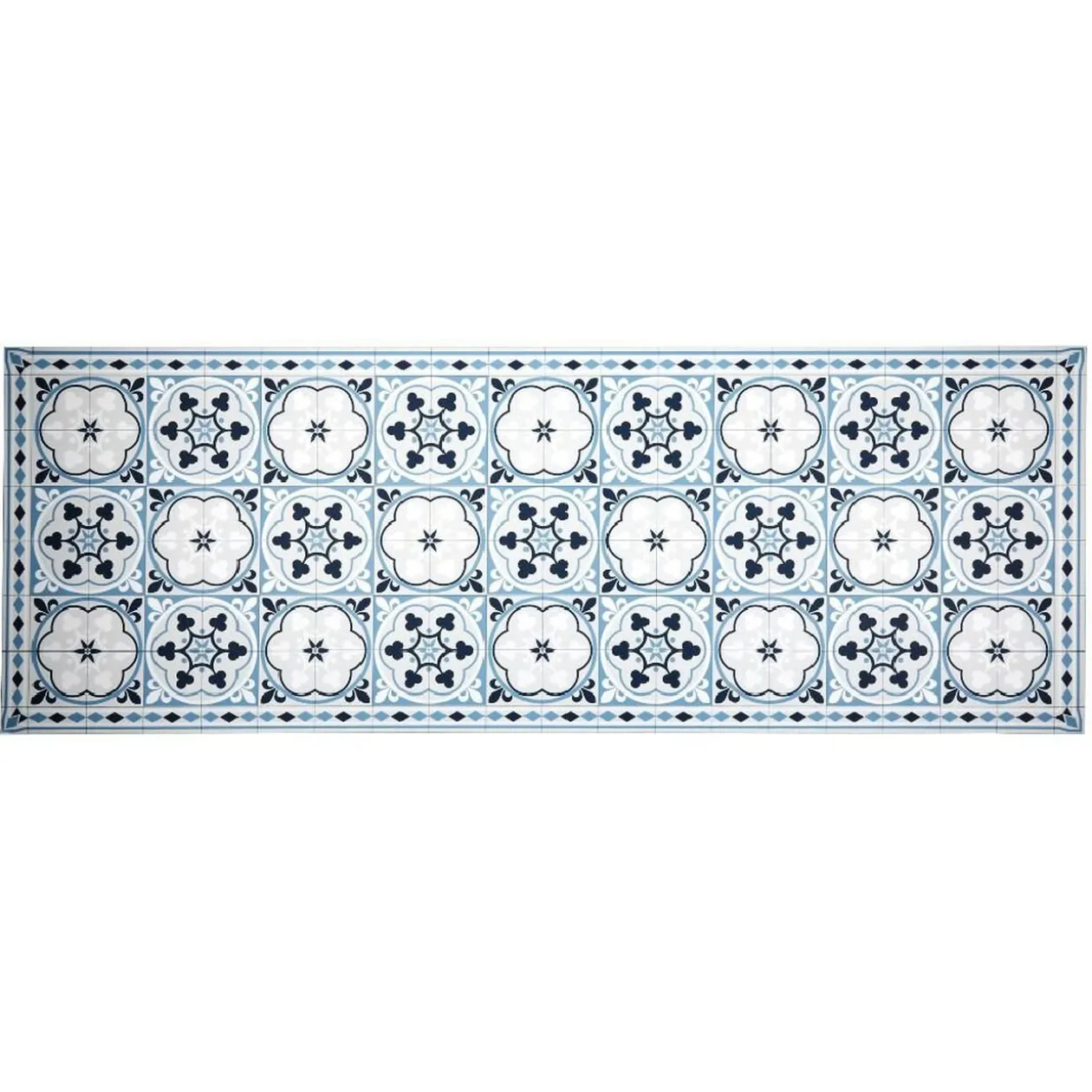 Tapis vinyle motif carreau de ciment bleu azur et blanc 70x190cm