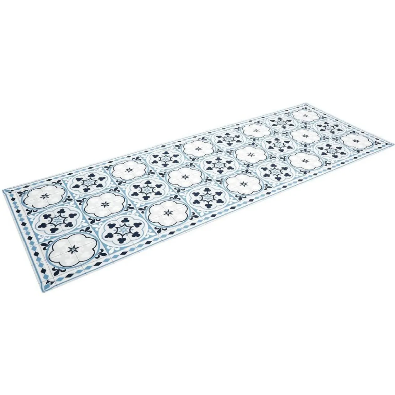 Tapis vinyle motif carreau de ciment bleu azur et blanc 70x190cm