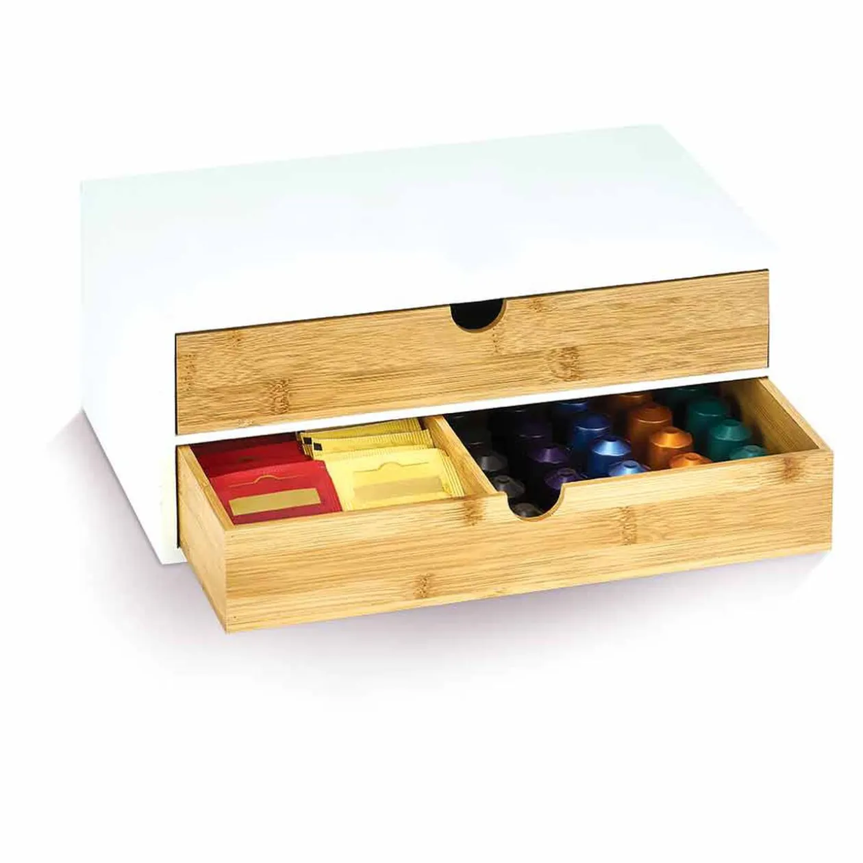 Tiroir à dosettes et capsules 2 niveaux bambou blanc naturel