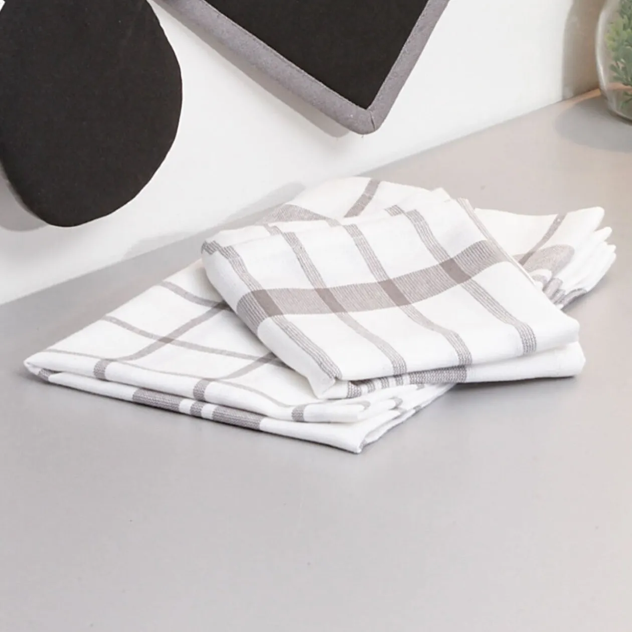 Torchon blanc à carreaux gris x2
