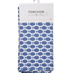 Torchon bleu et blanc motifs poissons x3