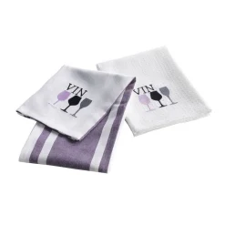 Torchon brodé blanc violet design verres de vin x2