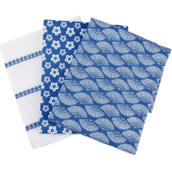 Torchon imprimé blanc bleu x3