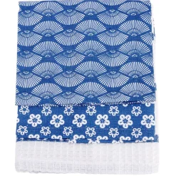 Torchon imprimé blanc bleu x3