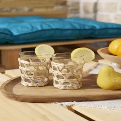 Verre haut transparent avec raphia Ø8xH12,5cm