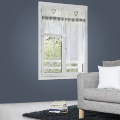 Vitrage à passant motif coeur et vichy blanc et gris x2