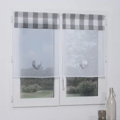 Vitrage motif coeur et vichy blanc et gris x2