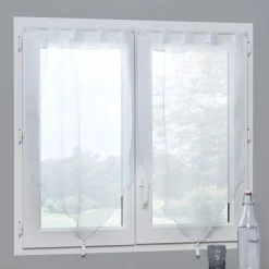 Vitrage passe tringle voile uni blanc pointe pompon 60x120cm x2