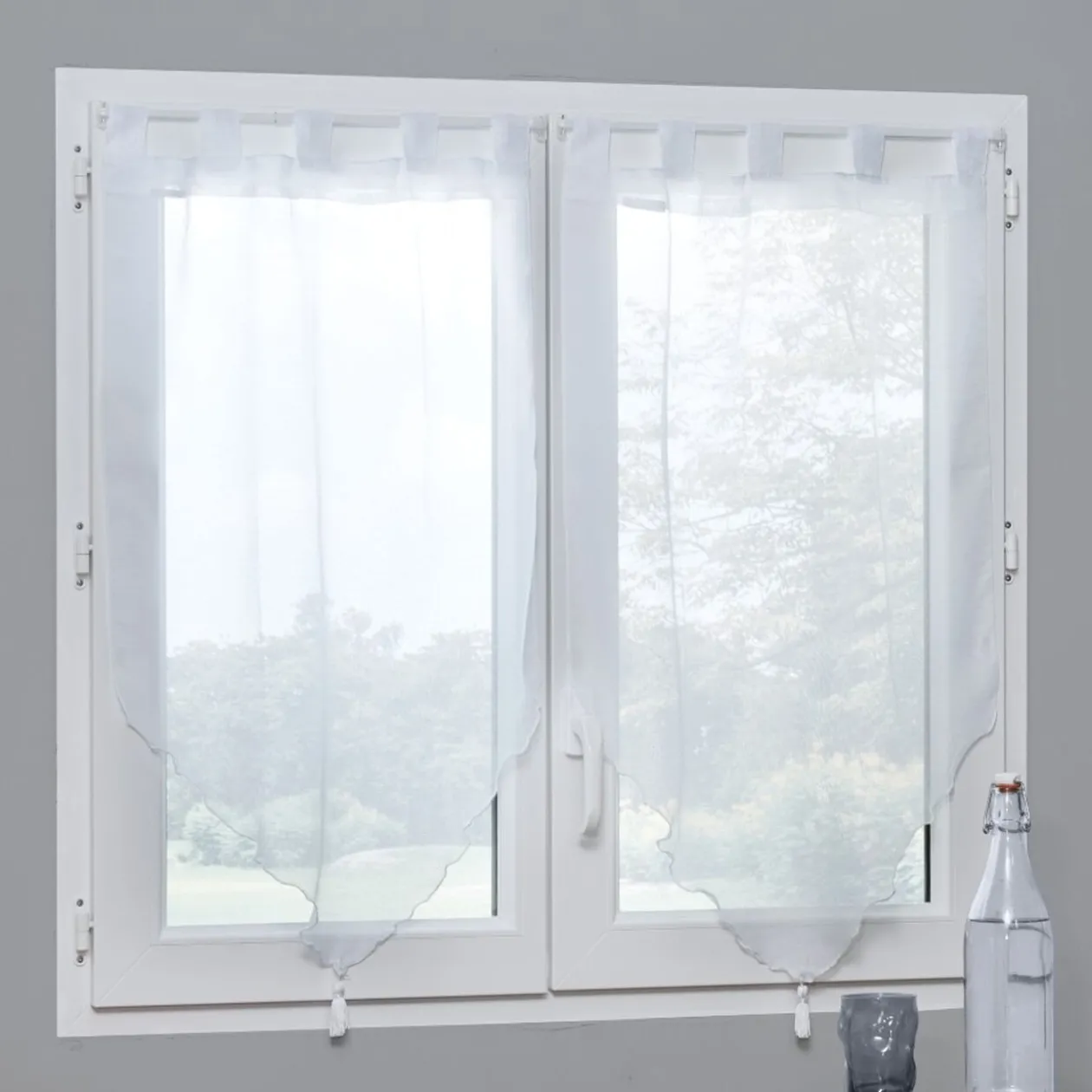 Vitrage passe tringle voile uni blanc pointe pompon 60x120cm x2