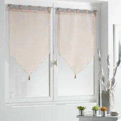 Vitrage passe tringle voile uni taupe pointe pompon 60x120cm x2