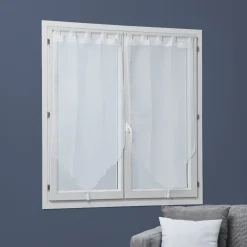 Vitrage passe tringle voile uni blanc pointe pompon 60x160cm x2