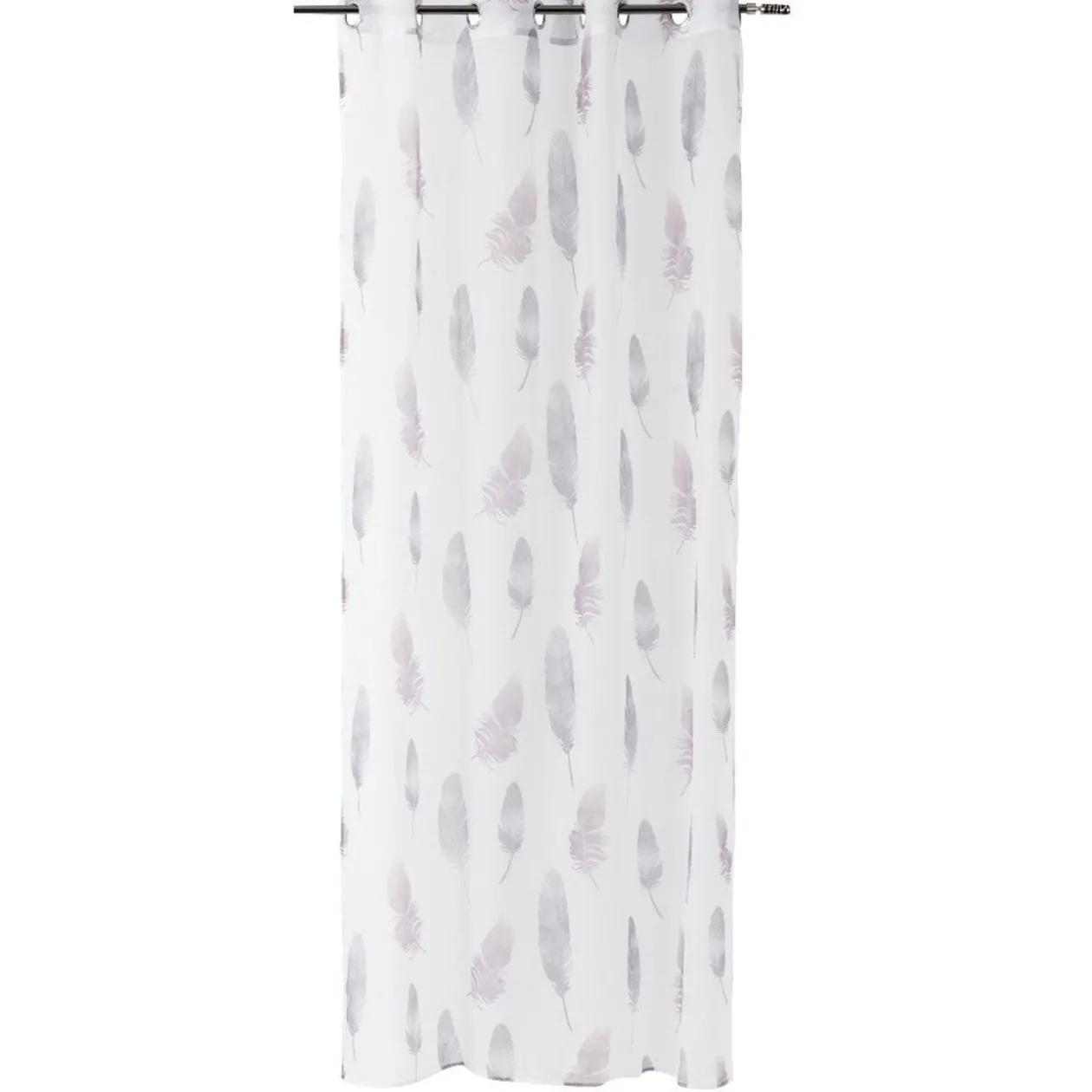 Voilage à oeillets blanc motifs plumes roses et grises