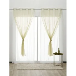 Voilage à oeillets double uni vert anis et blanc