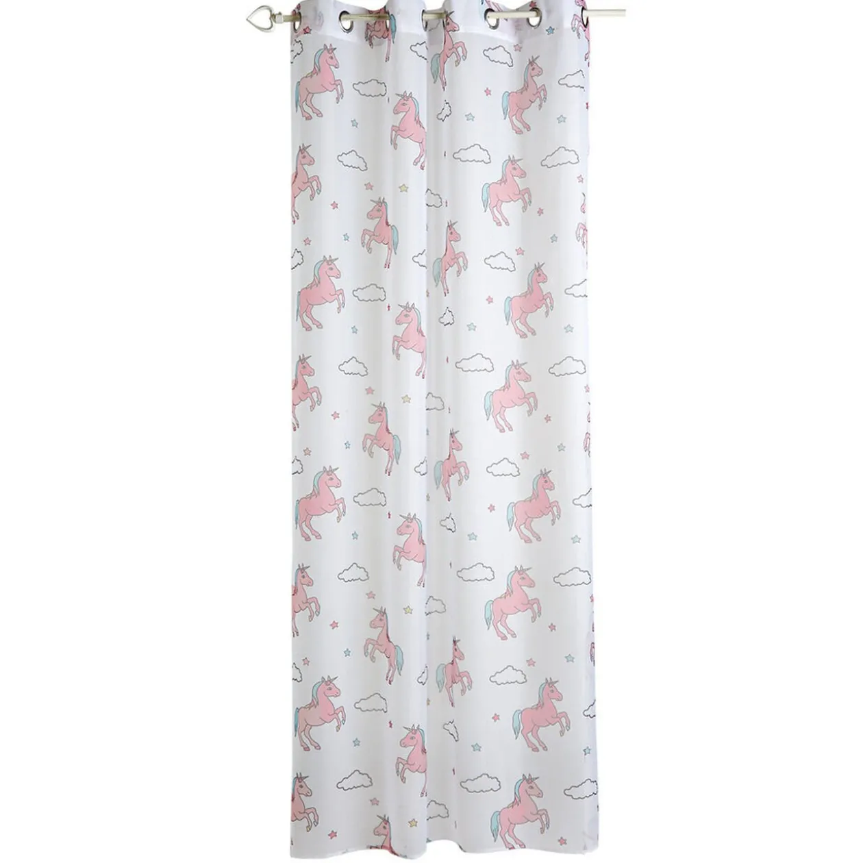 Voilage à oeillets enfant blanc motifs licornes roses